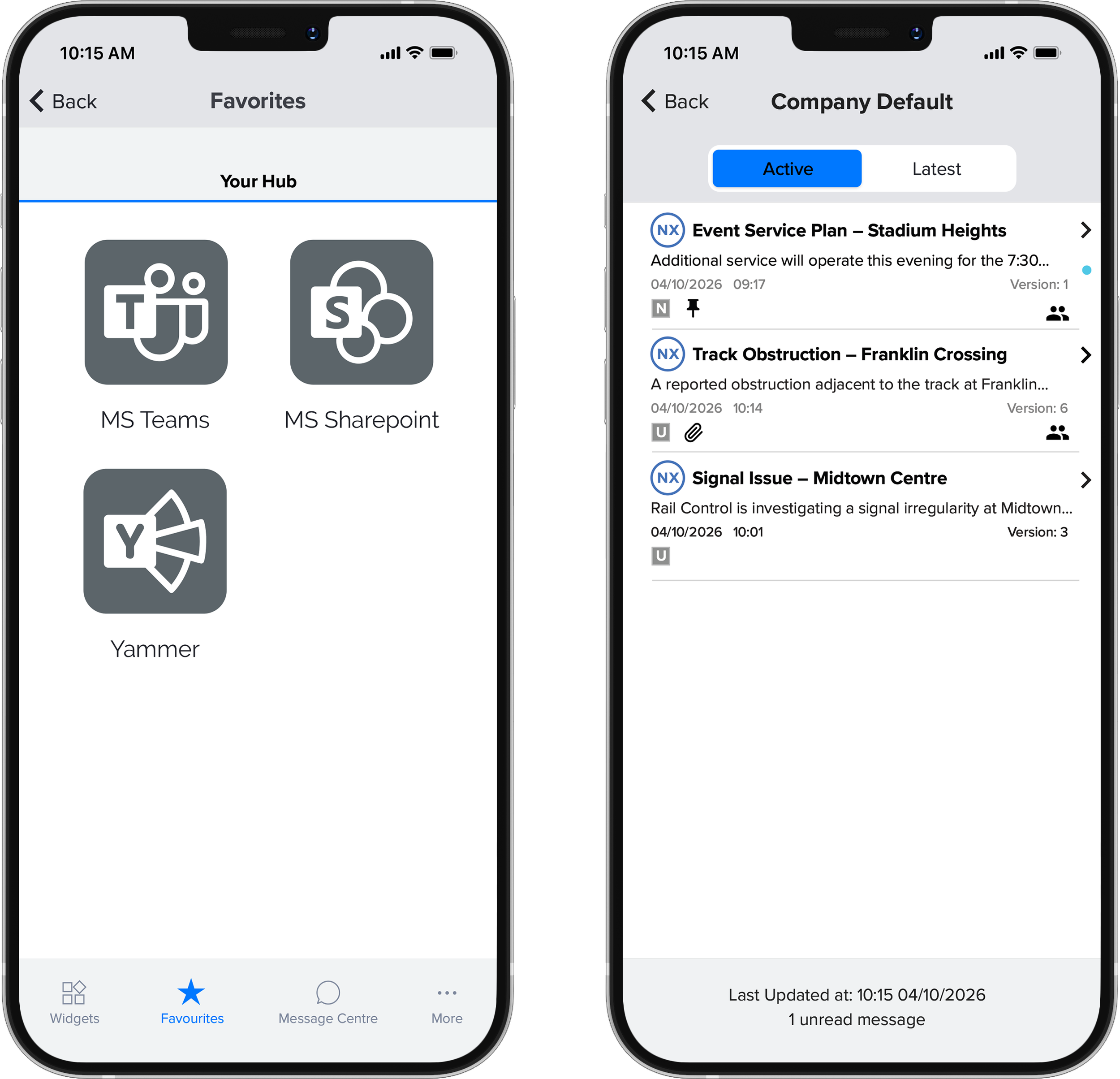Two smartphones displaying a mobile app interface. The left phone shows a menu with icons for MS Teams, MS SharePoint, Yammer, and other options. The right phone shows a list of notifications or updates, including an event service plan, track obstruction, and signal issue, with timestamps and icons for each item.