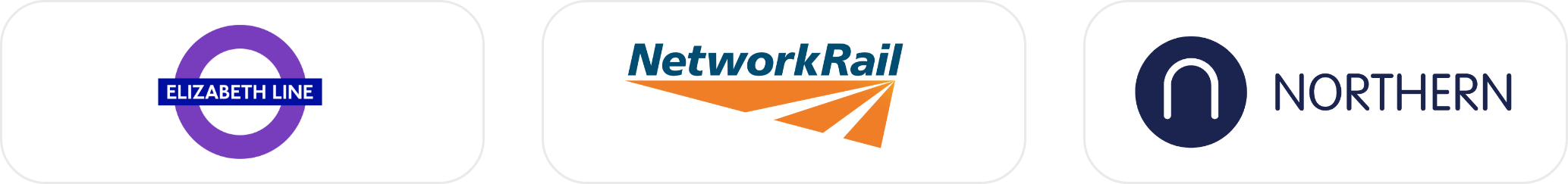 Logos of three UK train services: Elizabeth Line, Network Rail, Northern