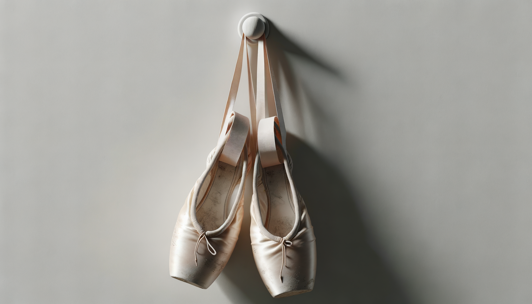 A pair of well-worn ballet pointe shoes hanging from a white wall hook, casting a shadow on the wall.