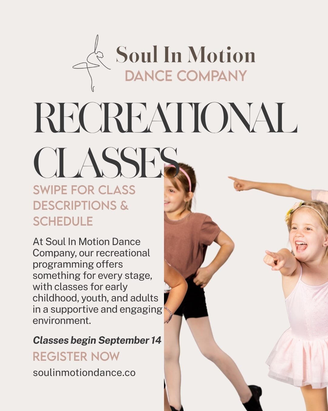 At Soul In Motion Dance Company, our recreational programming offers something for every stage, with classes for early childhood, youth, and adults. Receive the same high-quality training, technique development, and dancer education in a supportive a