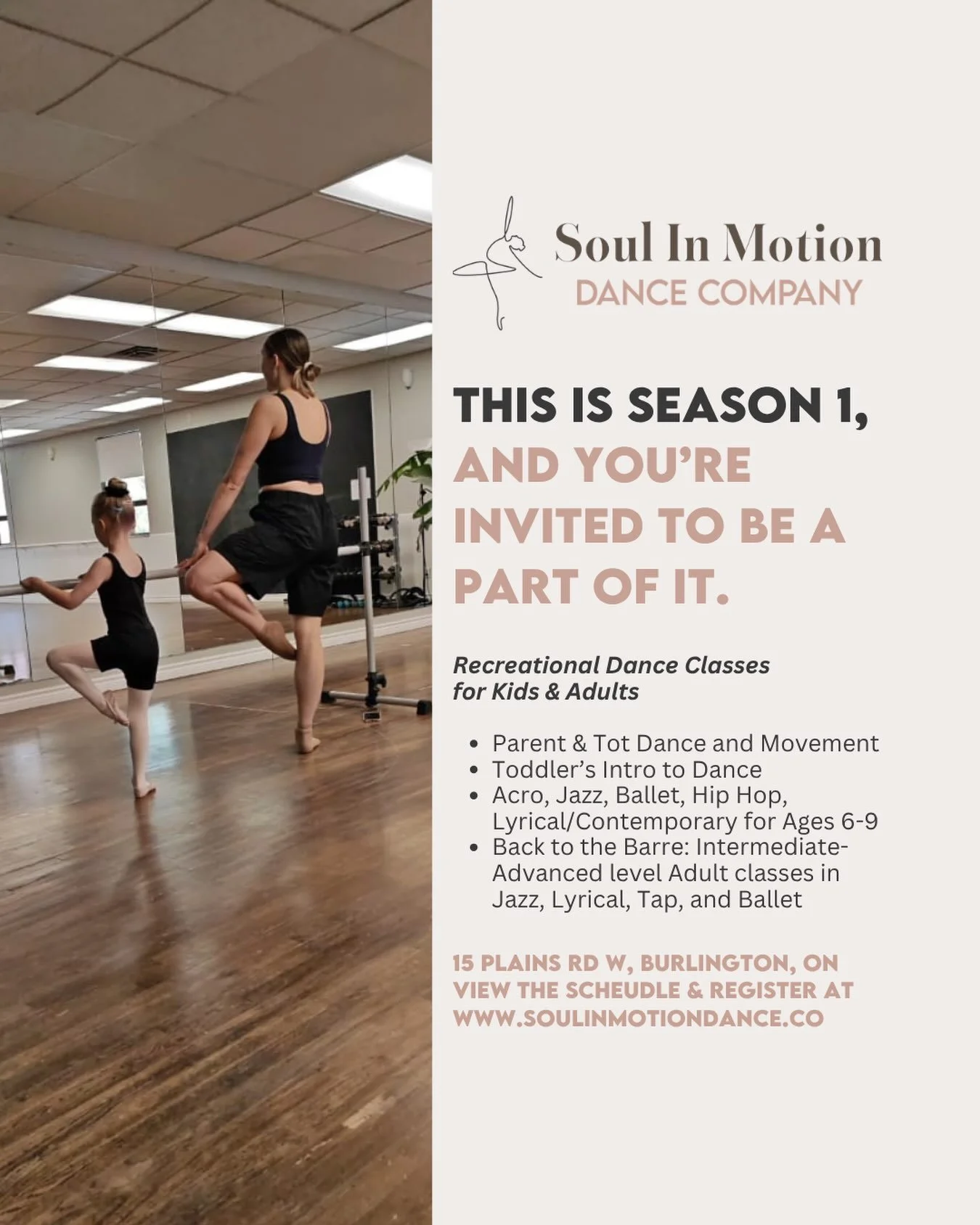 Registration for Season 1 at Soul In Motion Dance Company is OPEN! 🤍

Whether your dancer is stepping into the studio for the very first time, returning to a favourite style, or looking to try something completely new &mdash; there&rsquo;s a place f