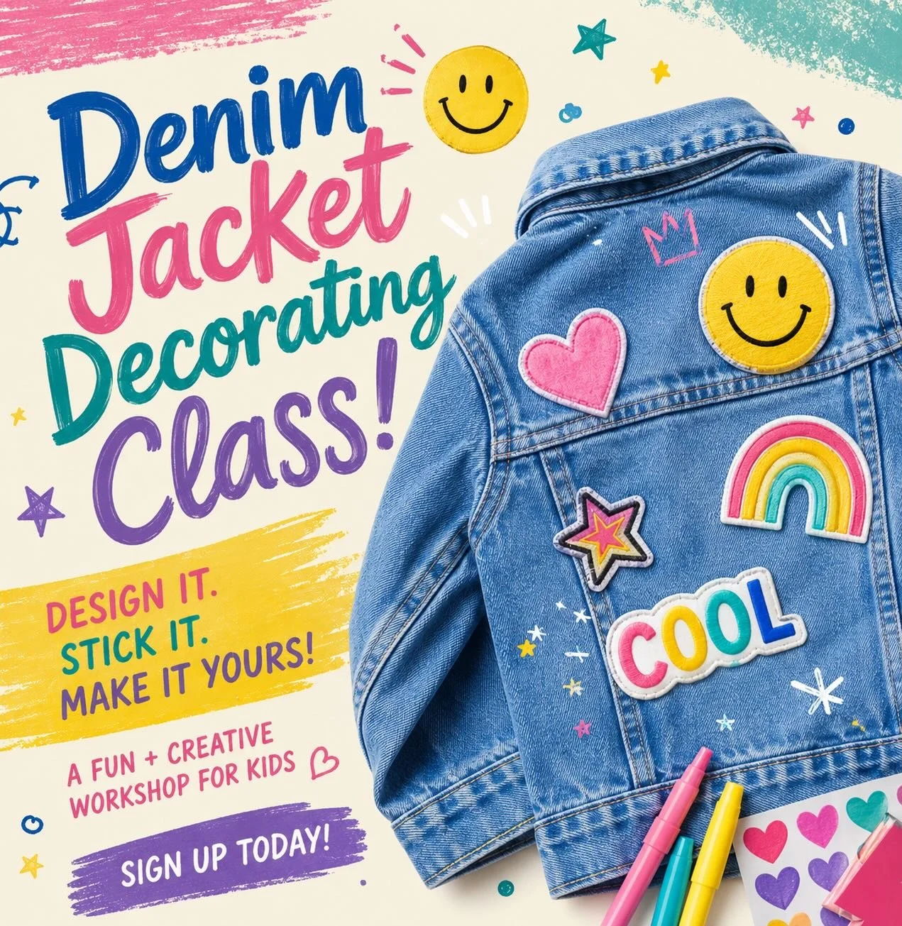 👕✨ Give an old jacket a brand new life! ✨👕

Bring along your own denim jacket (any colour!) and transform it into a completely unique fashion piece using fabric paints, patches, gems, and fun embellishments 🎨💎🌈
We love the idea of turning someth