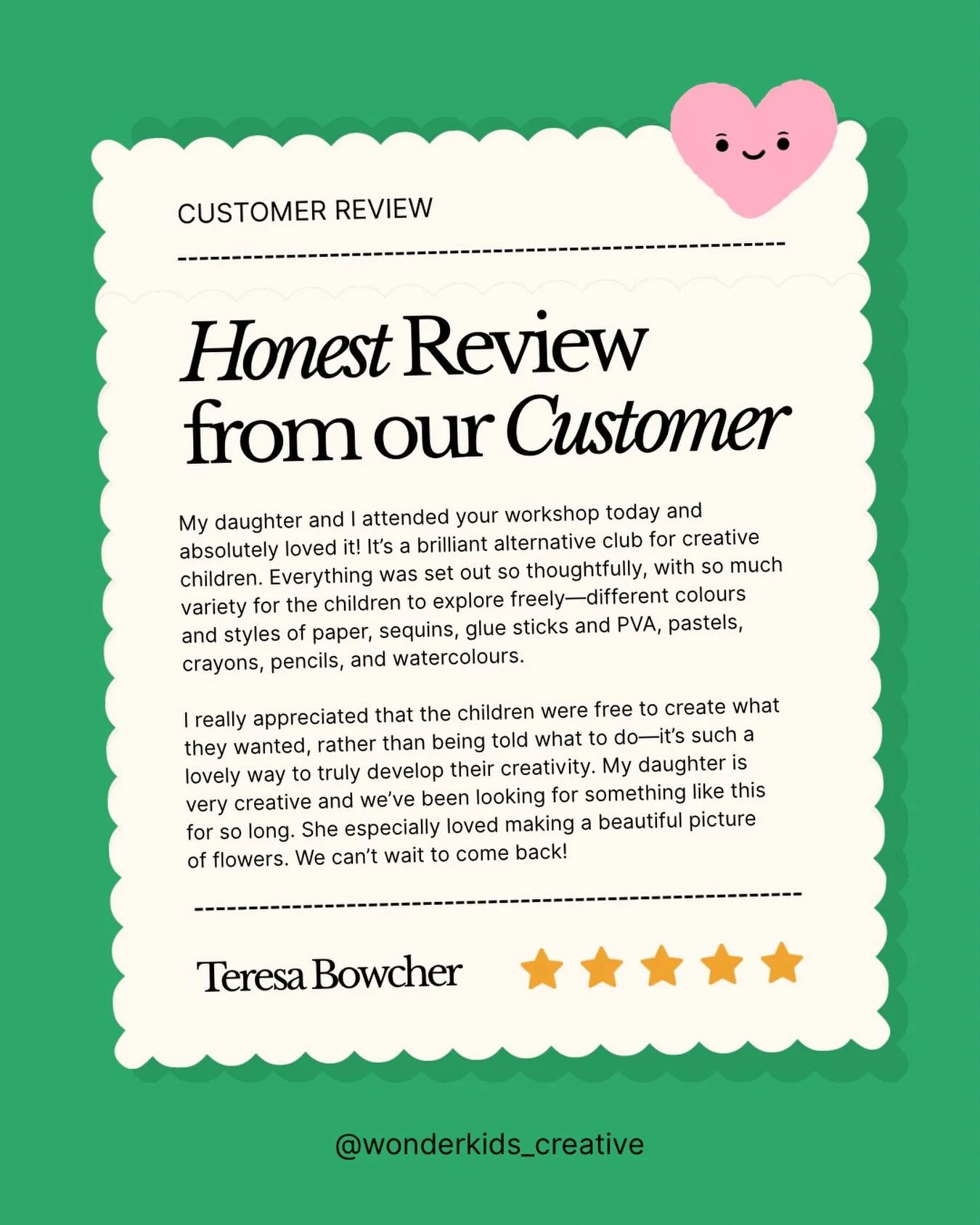 💛 Reading your lovely reviews never gets old 💛
Knowing that children are leaving our workshops feeling happy, proud, inspired, and excited to come back again means absolutely everything to us ✨🎨🌈

Every kind word, recommendation, share, and revie