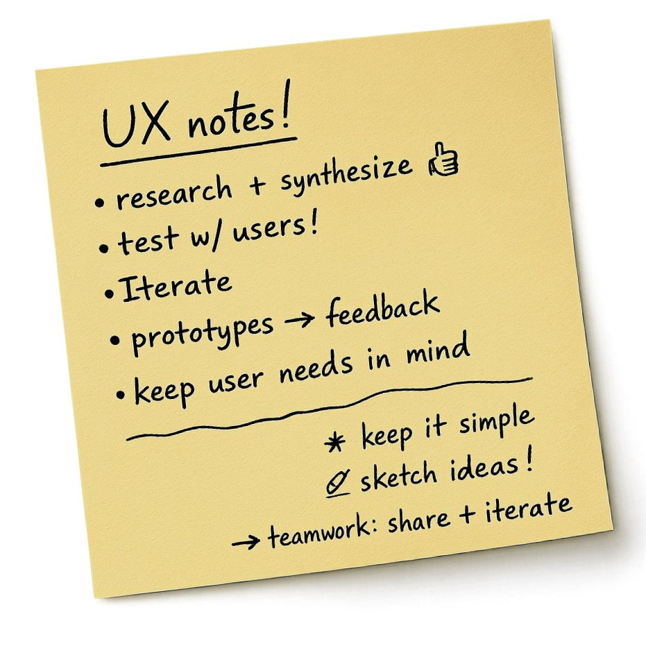 A yellow sticky note with handwritten notes about UX design, including research, testing, prototyping, feedback, and keeping user needs in mind, with tips to keep it simple, sketch ideas, and collaborate.