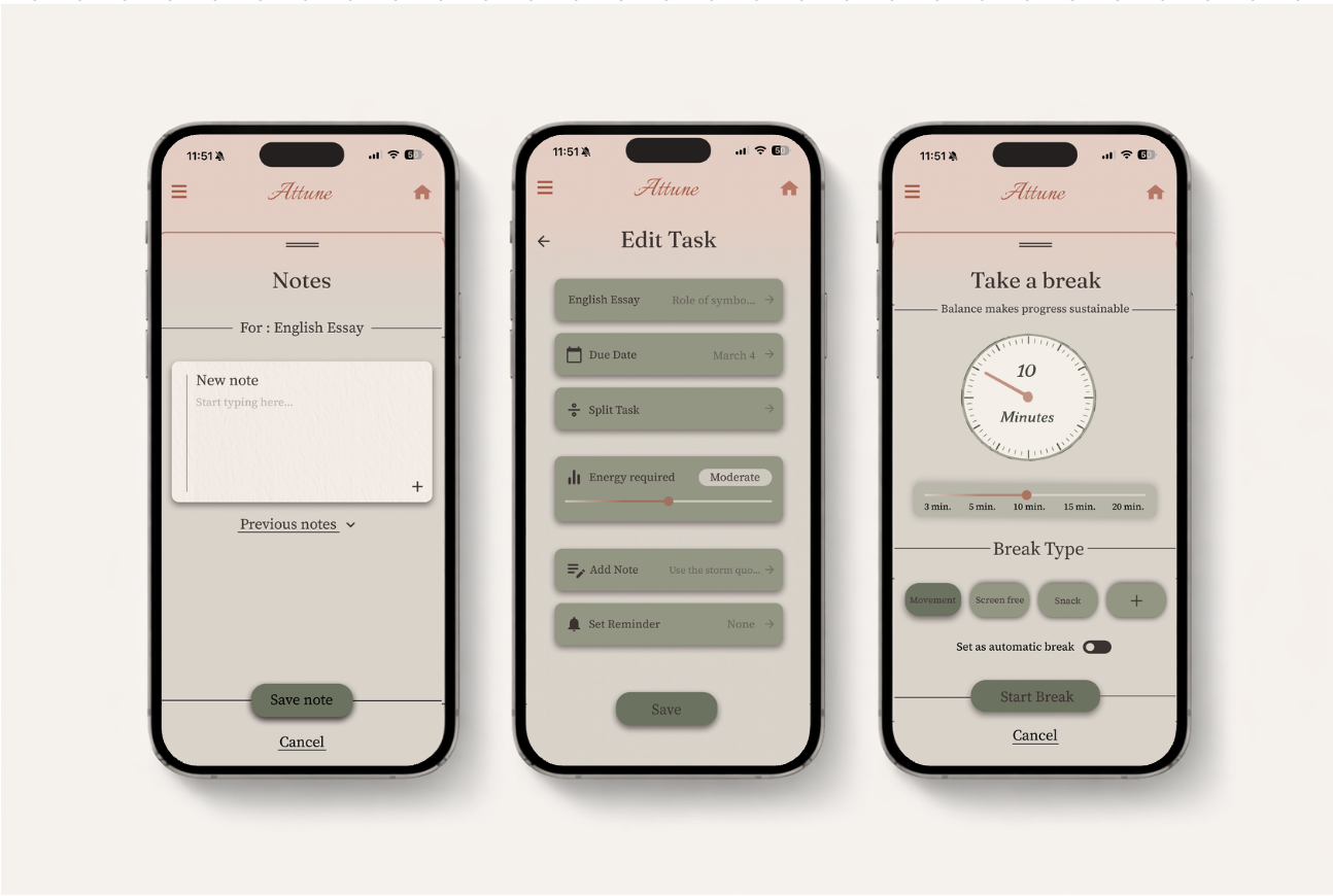 Screenshots of a mobile app interface for task management, showing notes, editing a task, and taking a break with a timer.