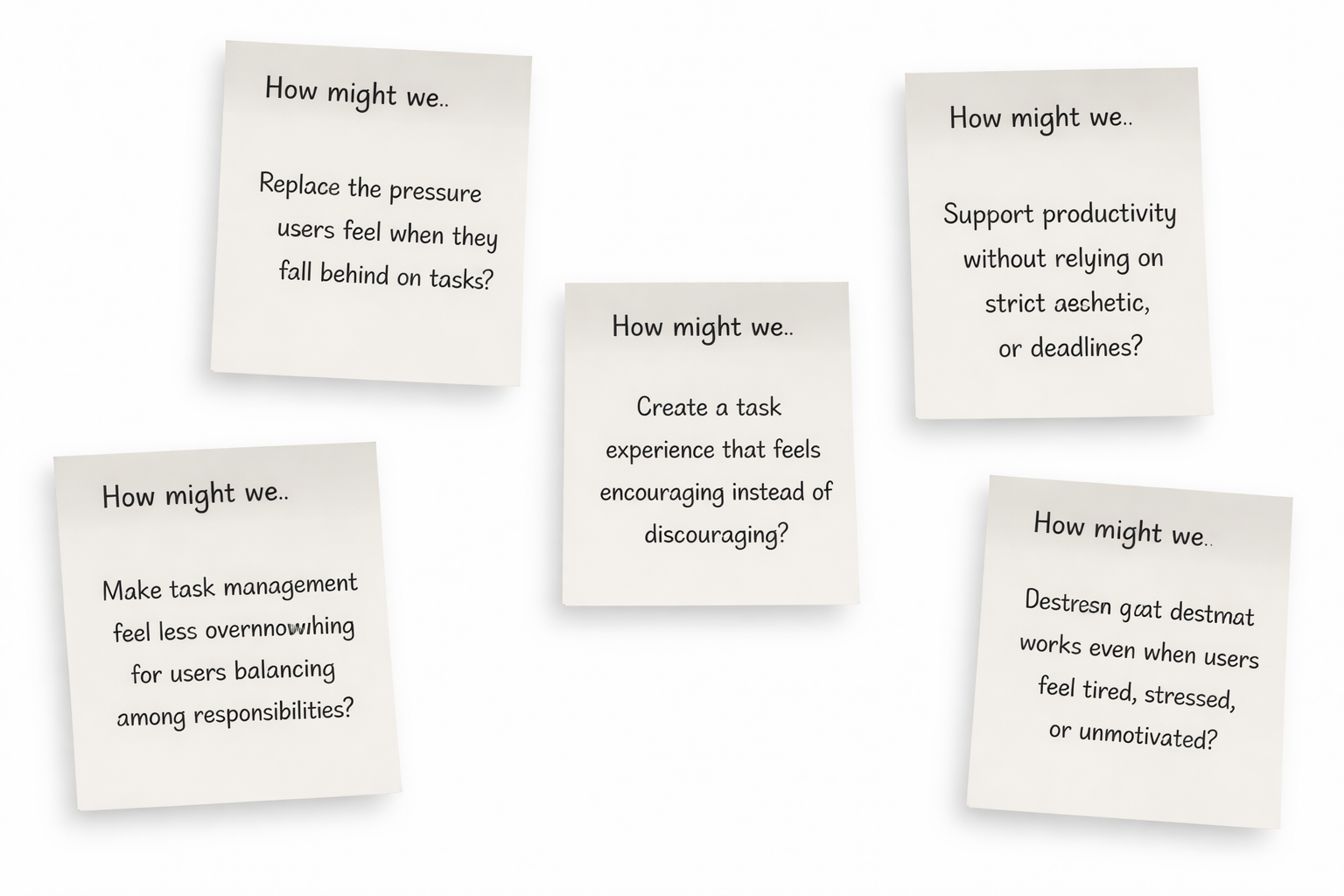 Five white notes with black text, each containing a different question about improving task management and productivity, arranged in a scattered pattern on a white background.