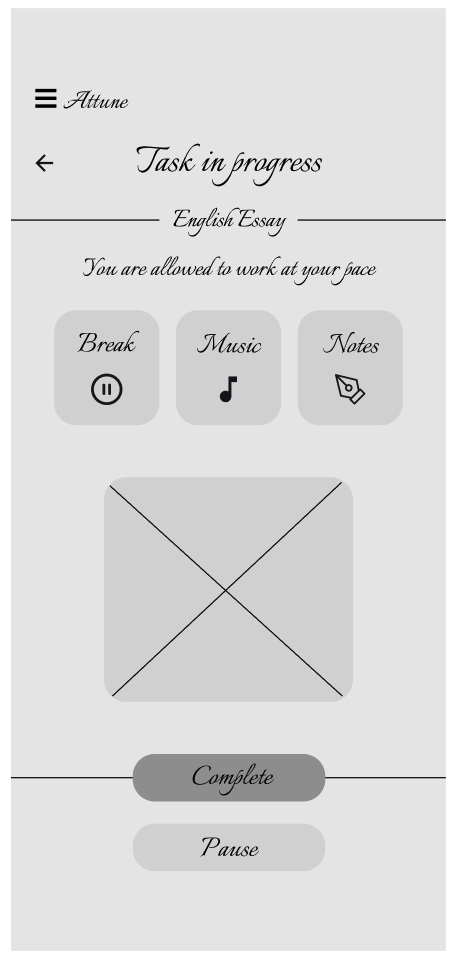 Mobile app interface for task in progress with options for break, music, notes, a large blank square for work, and buttons for complete and pause.