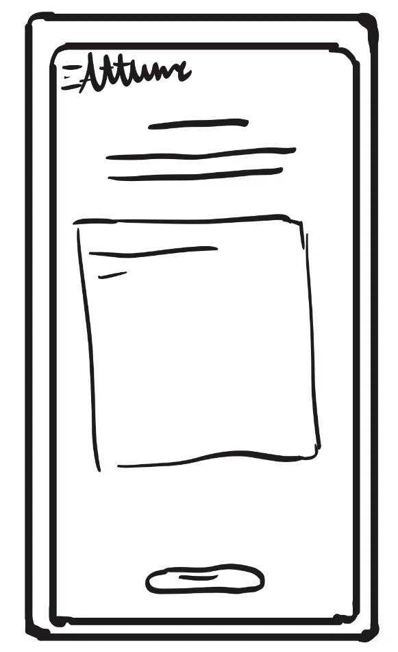 Hand-drawn sketch of a smartphone screen displaying a resume titled 'Attune' with a profile picture placeholder, name, and some text lines.
