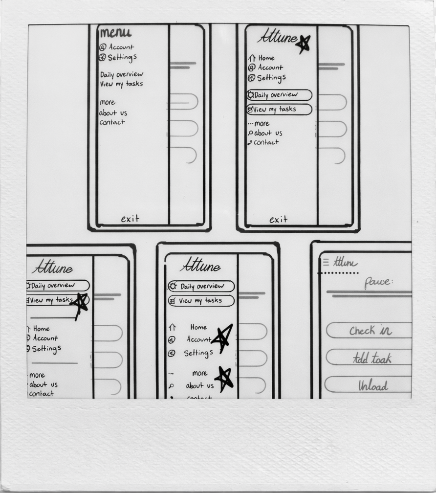 Black and white hand-drawn sketches of a mobile app interface showing menu screens with navigation options such as account, settings, daily overview, view my tasks, more, about us, and contact, with some screens labeled 'Attune' and featuring icons for home, account, settings, and stars, along with handwritten annotations.