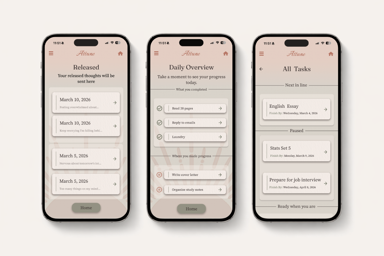Screenshots of three smartphones displaying a productivity app named "Attune" with a soft pink and beige color scheme. The first screen shows a "Released" goals list from March 2026, the second shows a "Daily Overview" with completed tasks and progress, and the third displays an "All Tasks" list with upcoming assignments and deadlines.