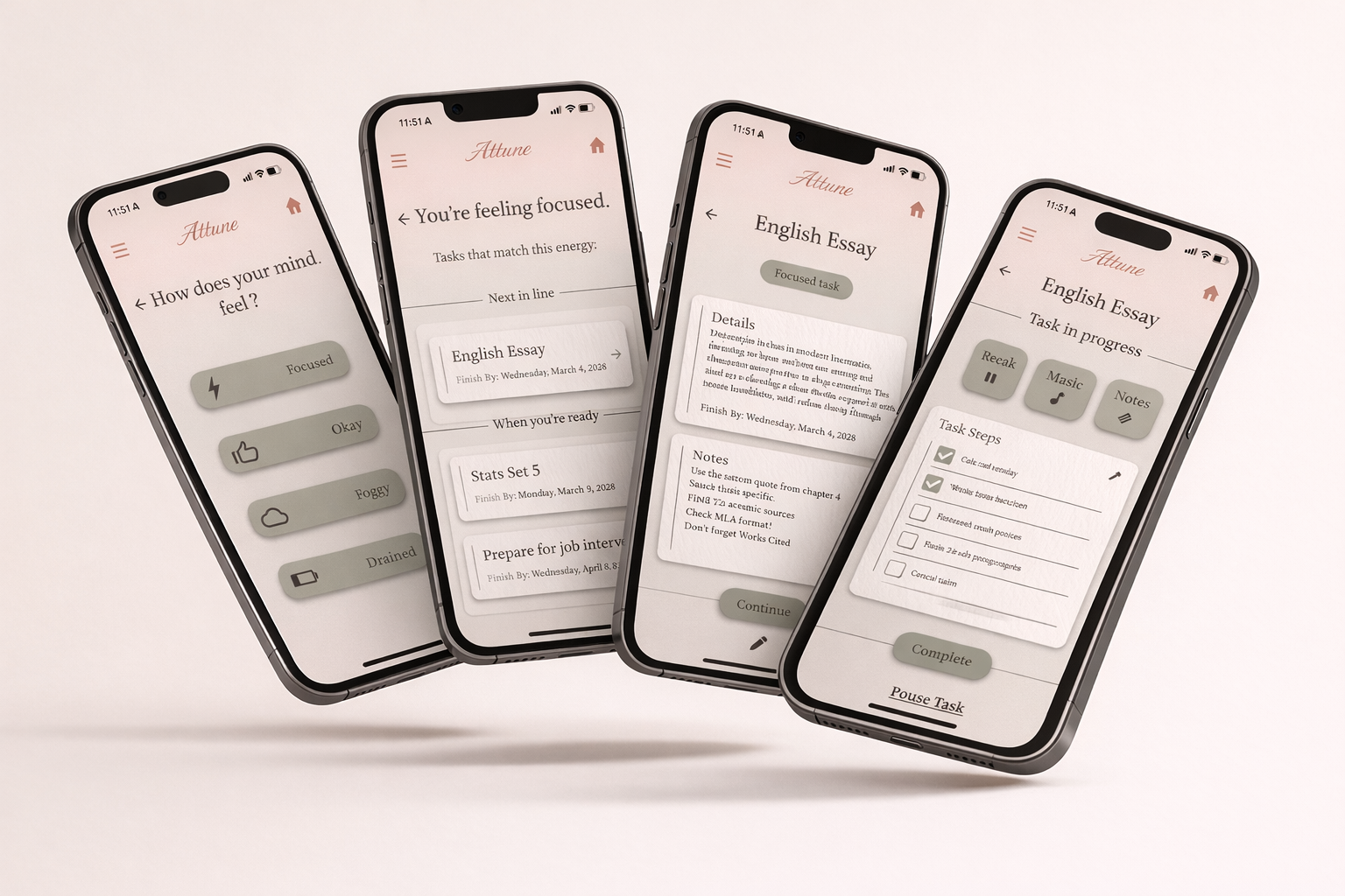 Four iPhones displaying a focused task management app named 'Attune' with various screens showing tasks, notes, and progress.