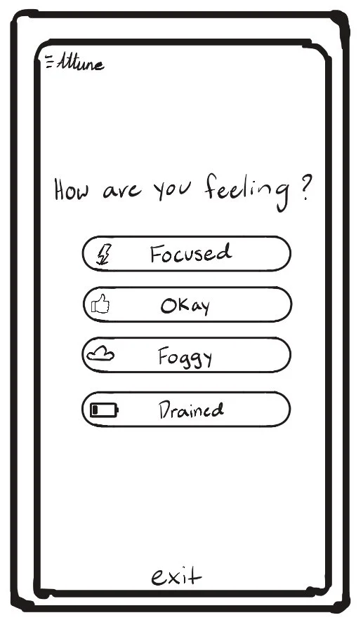 A mobile app screen with the title 'Altitude' at the top, asking 'How are you feeling?' and four options: Focused with a lightning icon, Okay with a thumbs-up icon, Foggy with a cloud icon, and Drained with a battery icon. An 'exit' button is at the bottom.