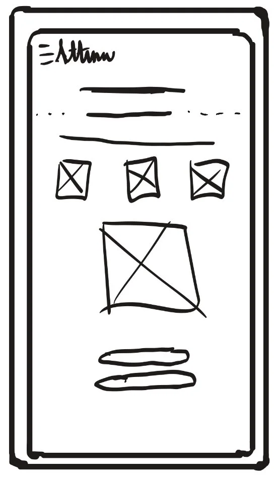 Hand-drawn sketch of an autumn-themed webpage or app layout, including a header, three selection boxes, a large square image placeholder, and two horizontal buttons or links.