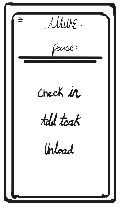 Line drawing of a smartphone screen with a menu titled 'ATTUNE' and options: pause, check in, tell took, and upload.