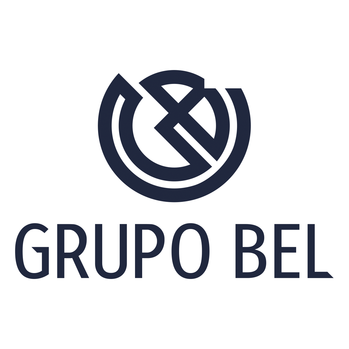 Logo of Grupo Bel featuring a stylized circular emblem with a dark blue color, accompanied by the text 'GRUPO BEL' beneath it.