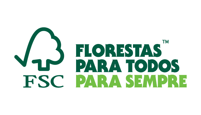 FSC logo with a tree icon and the words "Florestas para todos para sempre" in green.