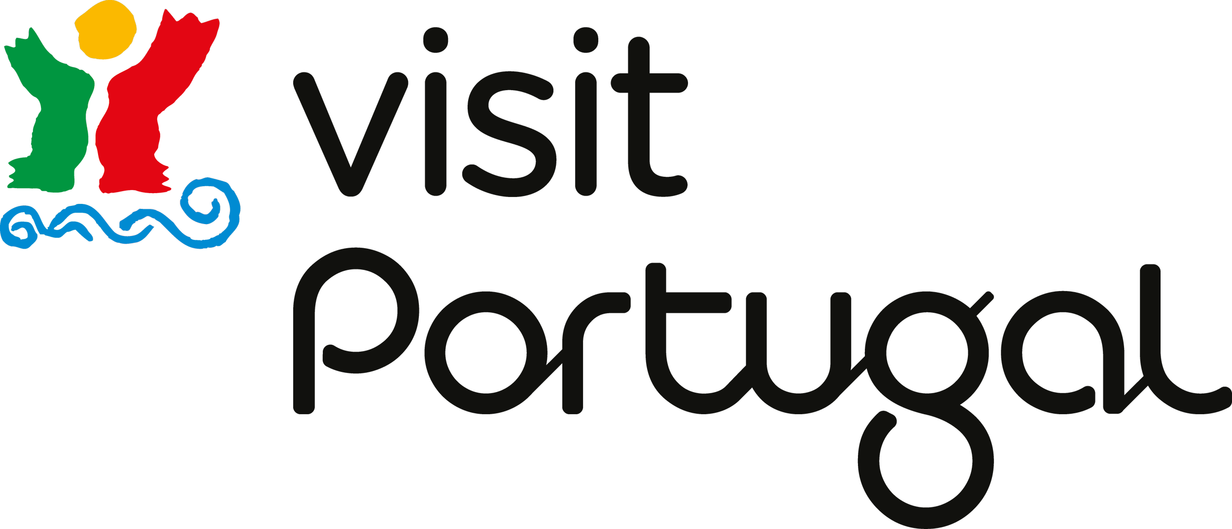 Logo with stylized figures representing people, and waves, with the text 'Visit Portugal'.