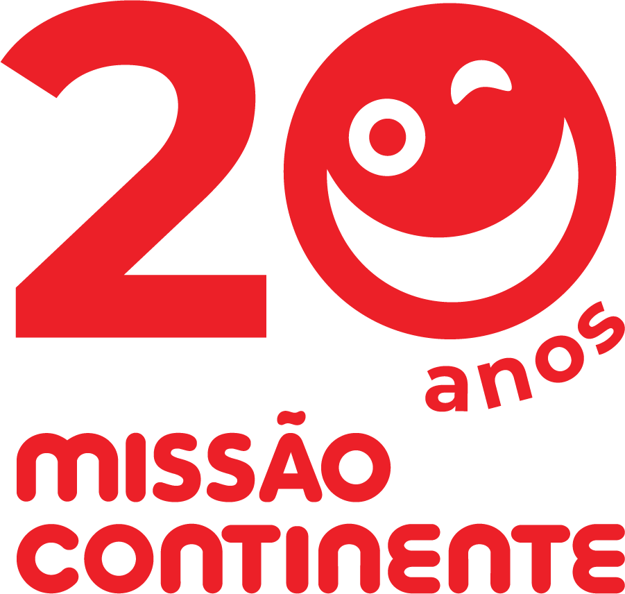 Logo celebrating 20 years of Missão Continente with a stylized red smiley face integrated into the number 20, and red text saying 'anos Missão Continente'.