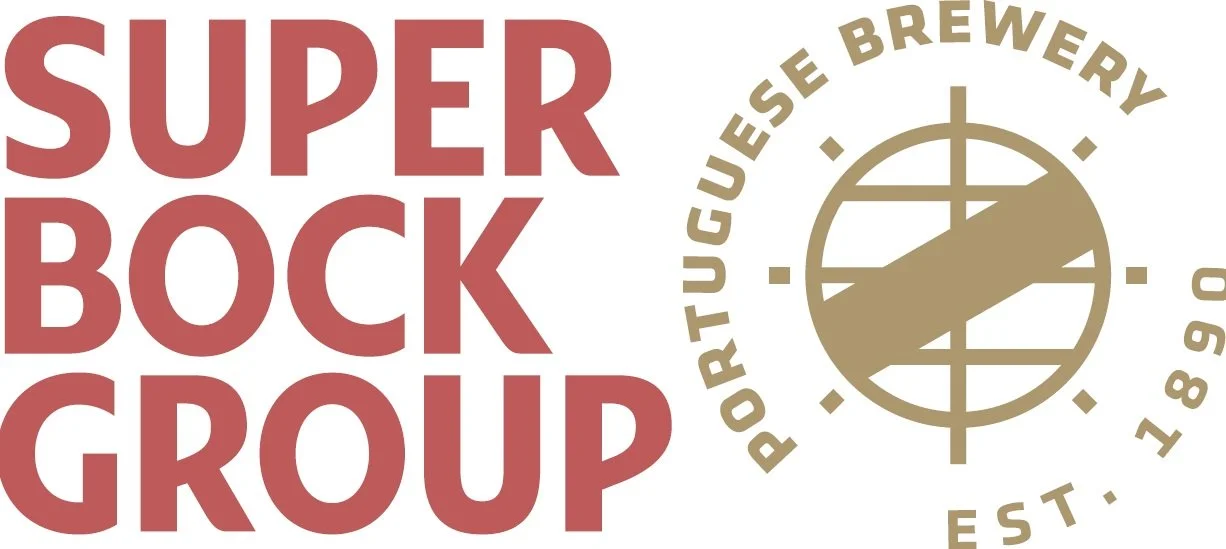 Graphic with large red text reading 'SUPER BOCK GROUP' on the left and a circular logo for Portuguese Brewery on the right, featuring a stylized crossed golf club design and text around the circle.