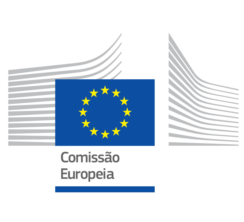 Logo of the European Commission with stylized buildings and the European Union flag, and the text 'Comissão Europeia'.