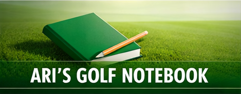 Green golf notebook with a pen on top, on a grassy background, titled 'Ari's Golf Notebook' in bold white text.