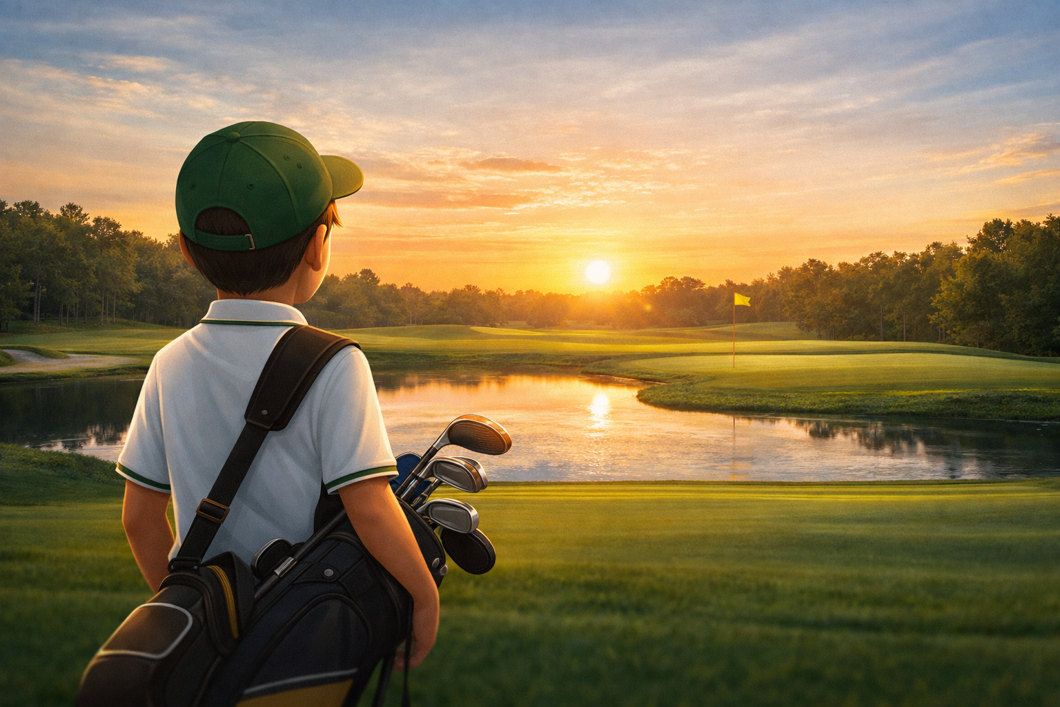 A young boy dressed in a white golf shirt and green cap stands on a golf course, carrying a golf bag with clubs, watching the sunset over a pond and a green with a yellow flag.