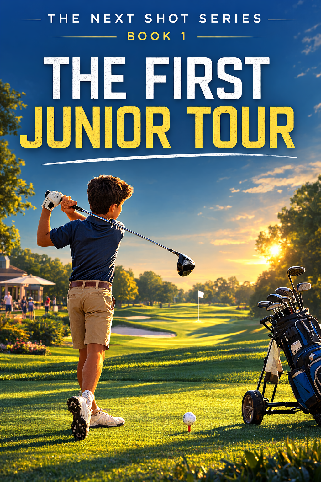 Young boy playing golf on a course during sunset, with a golf bag on a cart nearby, surrounded by trees and other people in the background.