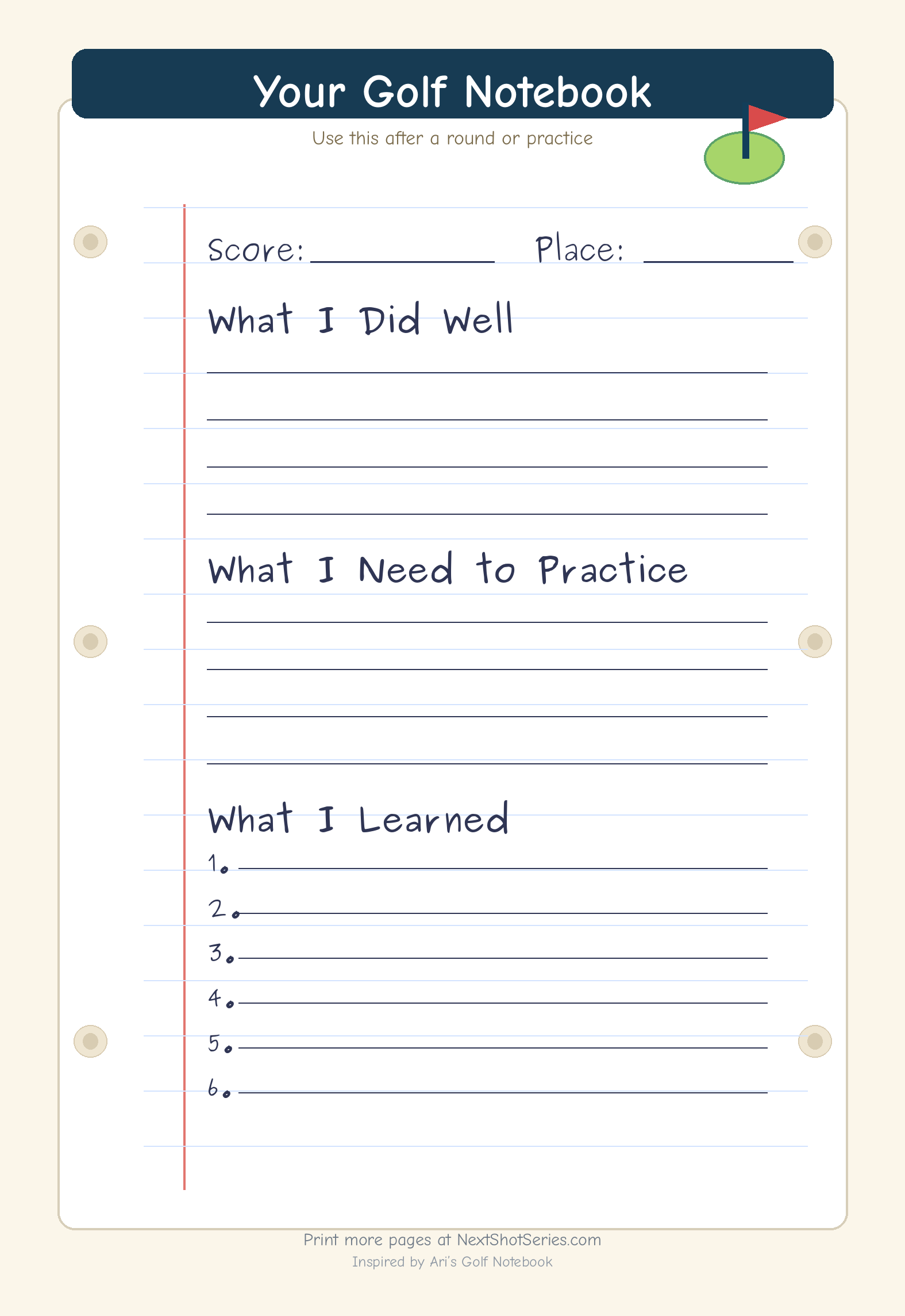 A golf-themed notebook page titled 'Your Golf Notebook' with sections for recording scores, practice notes, and lessons learned, featuring a small red and blue golf flag illustration in the top right corner.