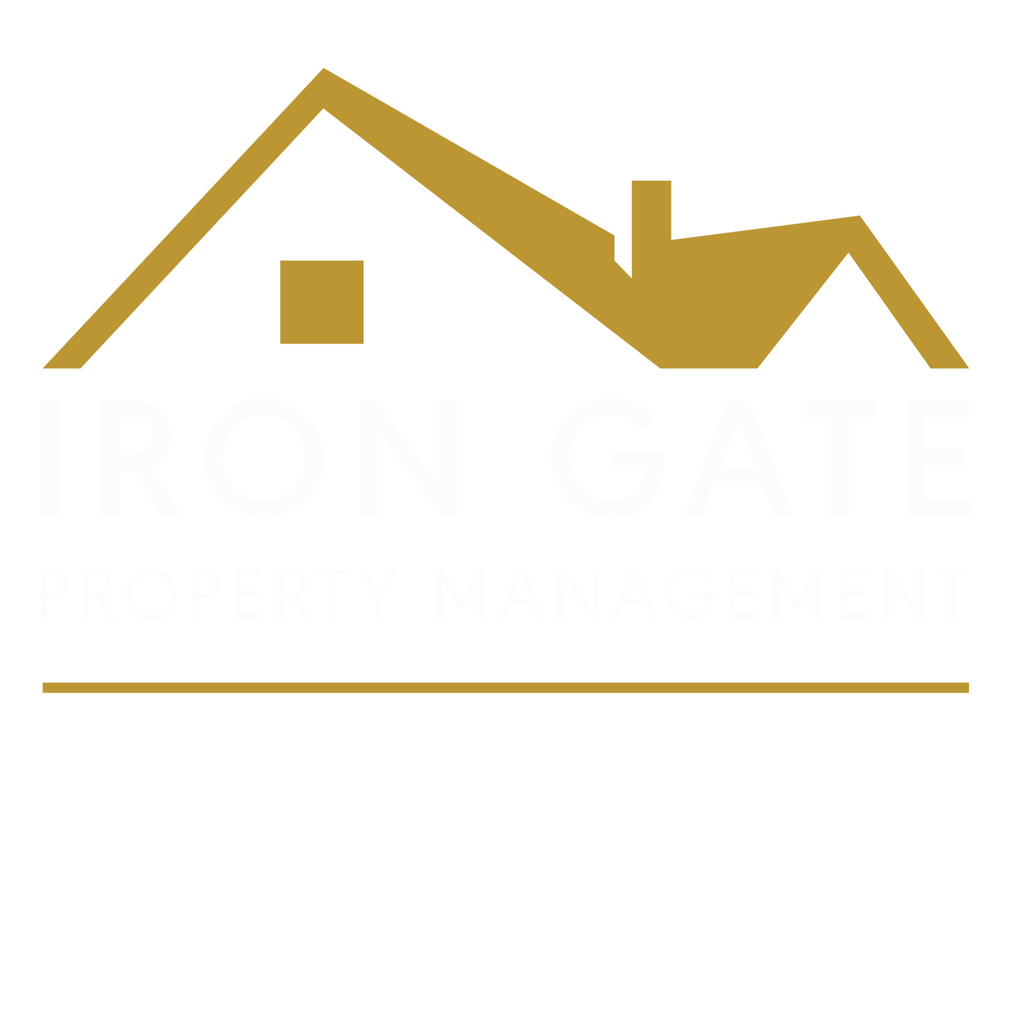 Iron Gate Property Management stacked logo, featuring yellow house and bold text.