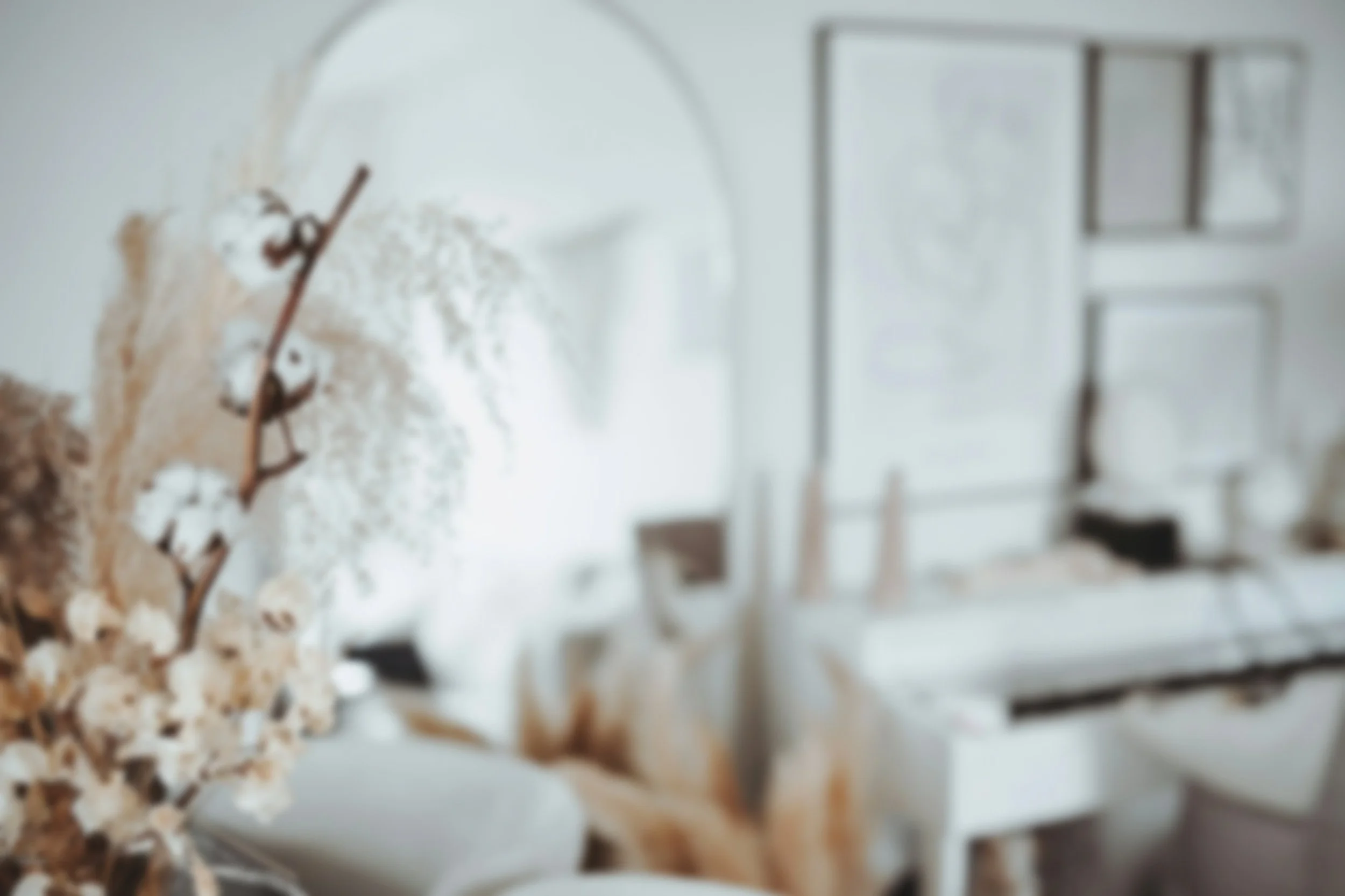 A blurred indoor scene featuring a white wall, shelves, and decorative elements.