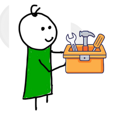 Cartoon child in a green dress holding an orange toolbox filled with tools
