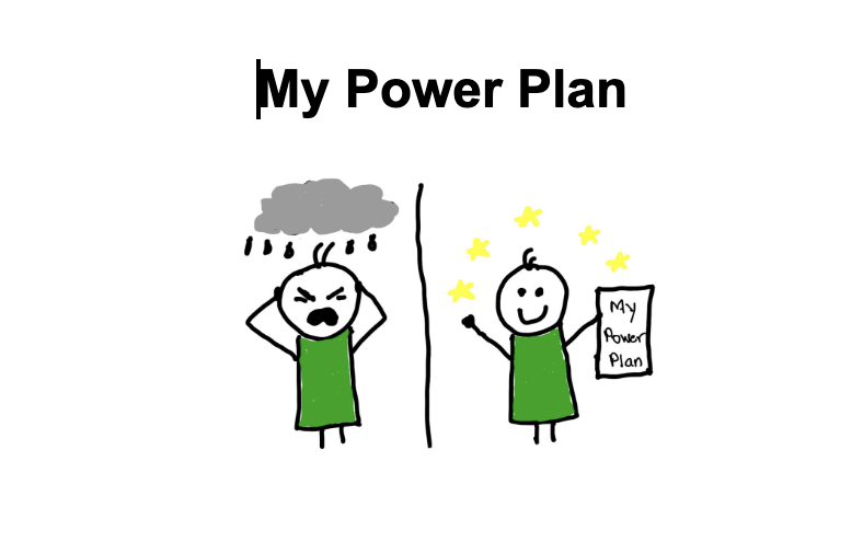 A drawing divided into two sections titled 'My Power Plan.' The left side depicts a child with an angry face, holding their head with a rain cloud above, representing stress or frustration. The right side shows the same child smiling and holding a booklet labeled 'My Power Plan,' with stars around their head, indicating happiness and empowerment.