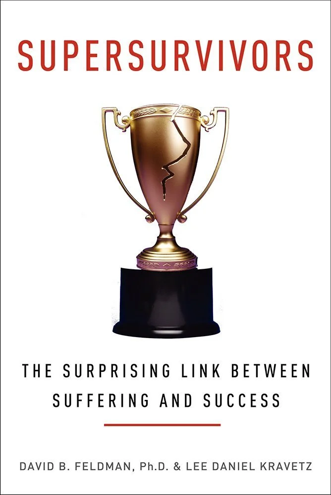 Book cover titled 'Supersurvivors' with a cracked gold trophy cup and subtitle 'The Surprising Link Between Suffering and Success'.
