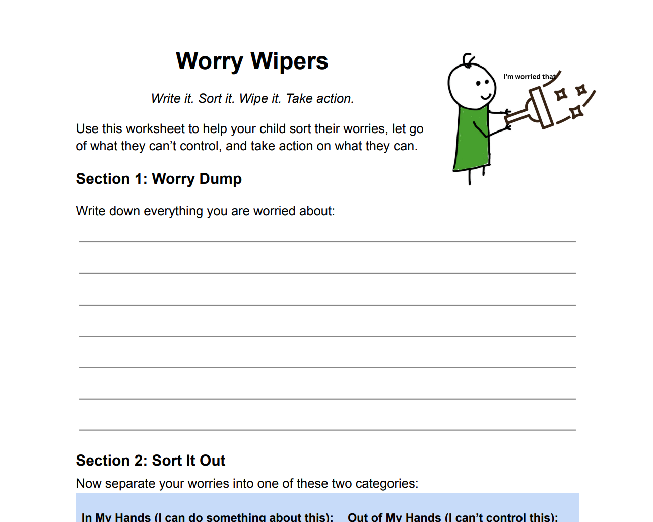 Stick figure child in green dress holding a magic wand with stars, saying 'I'm worried that' next to a worksheet titled 'Worry Wipers' with sections for writing and sorting worries.