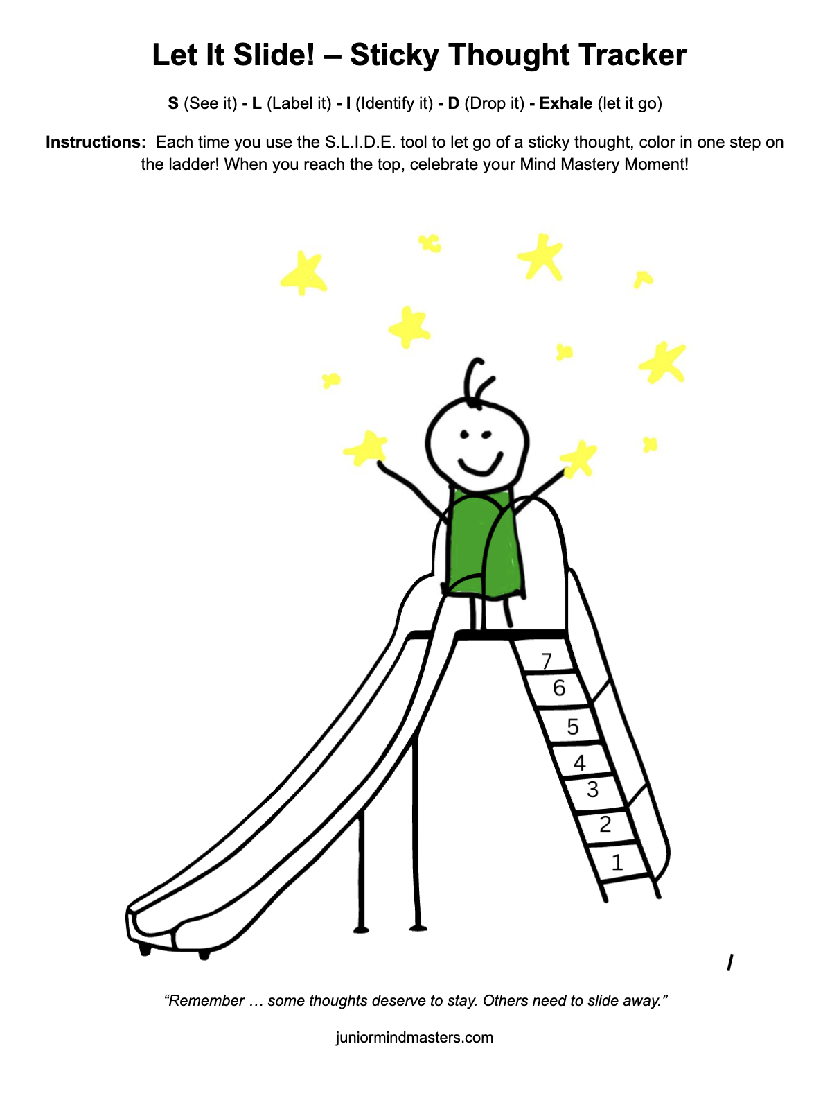 A drawing of a child on a slide with a ladder, holding yellow stars, and smiling. The image is part of a sticky thought tracker with instructions to let go of sticky thoughts.