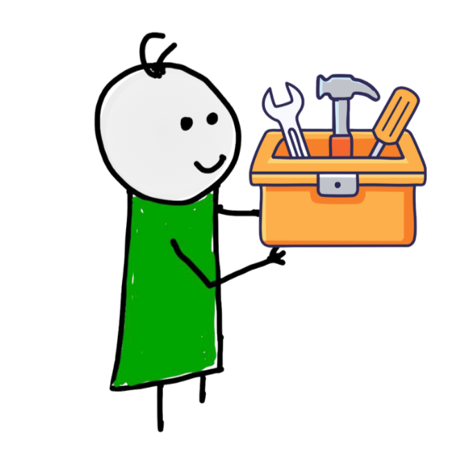 A stick figure with a white head and green body holding an orange toolbox filled with tools, including a wrench, hammer, and screwdriver.