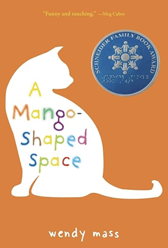 Cover of the children's book titled "A MANGOSHAPED SPACE" by Wendy Mass, featuring a white cat silhouette with colorful letters spelling the title inside the silhouette, an orange background, and a blue award sticker.