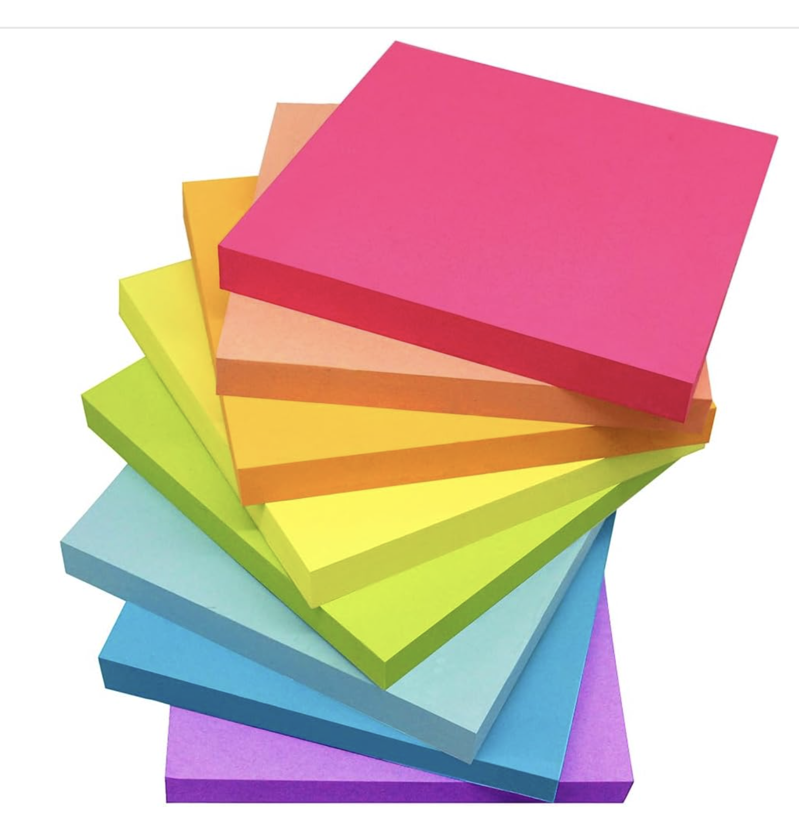 Stack of colorful sticky notes in pink, orange, yellow, green, blue, and purple.