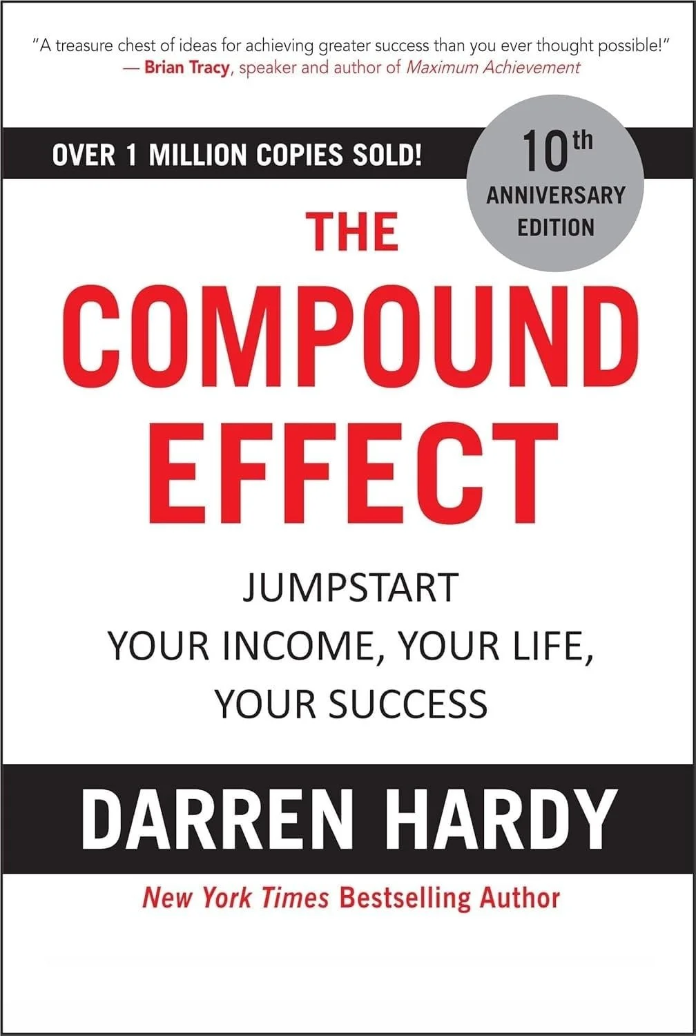 Cover of the book 'The Compound Effect' by Darren Hardy, celebrating its 10th anniversary with over 1 million copies sold, featuring a quote from Brian Tracy at the top.