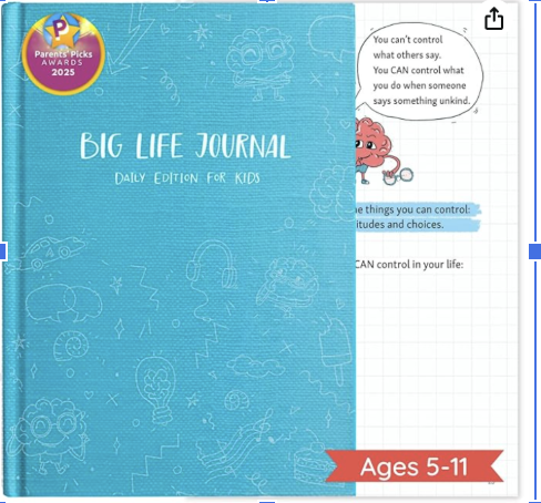 Cover of Big Life Journal, Daily Edition for Kids, with a blue background and doodles, and a pink character with a speech bubble. A red banner indicates it is for ages 5-11.