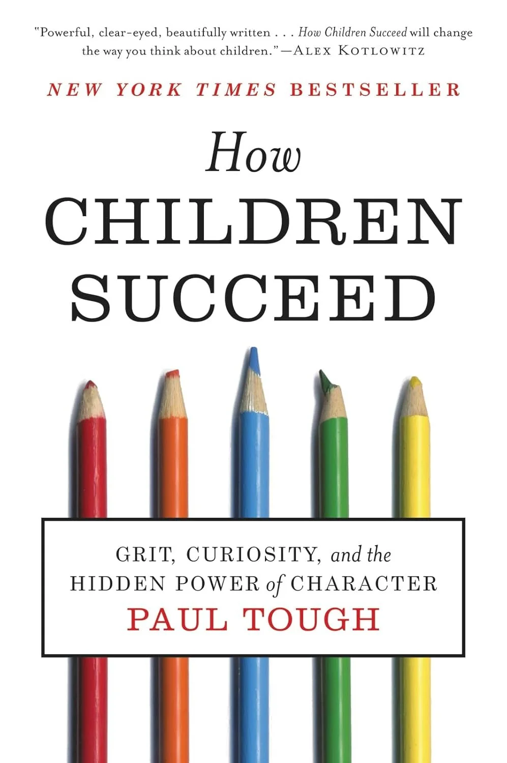 Book cover titled "How Children Succeed" with five colored pencils (red, orange, blue, green, yellow) aligned vertically at the bottom.
