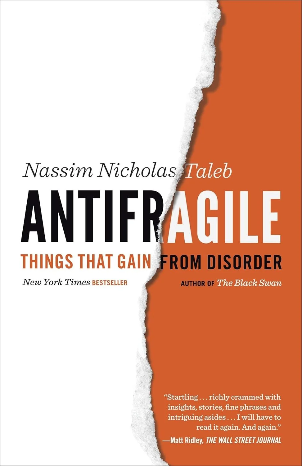 Book cover titled "Antifragile: Things That Gain From Disorder" by Nassim Nicholas Taleb, with a torn paper design in white and orange colors.