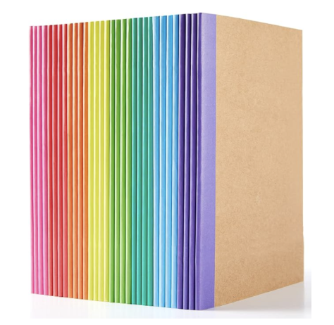 A row of colorful books with rainbow-colored spines, arranged from red to purple, next to a plain brown book standing upright.