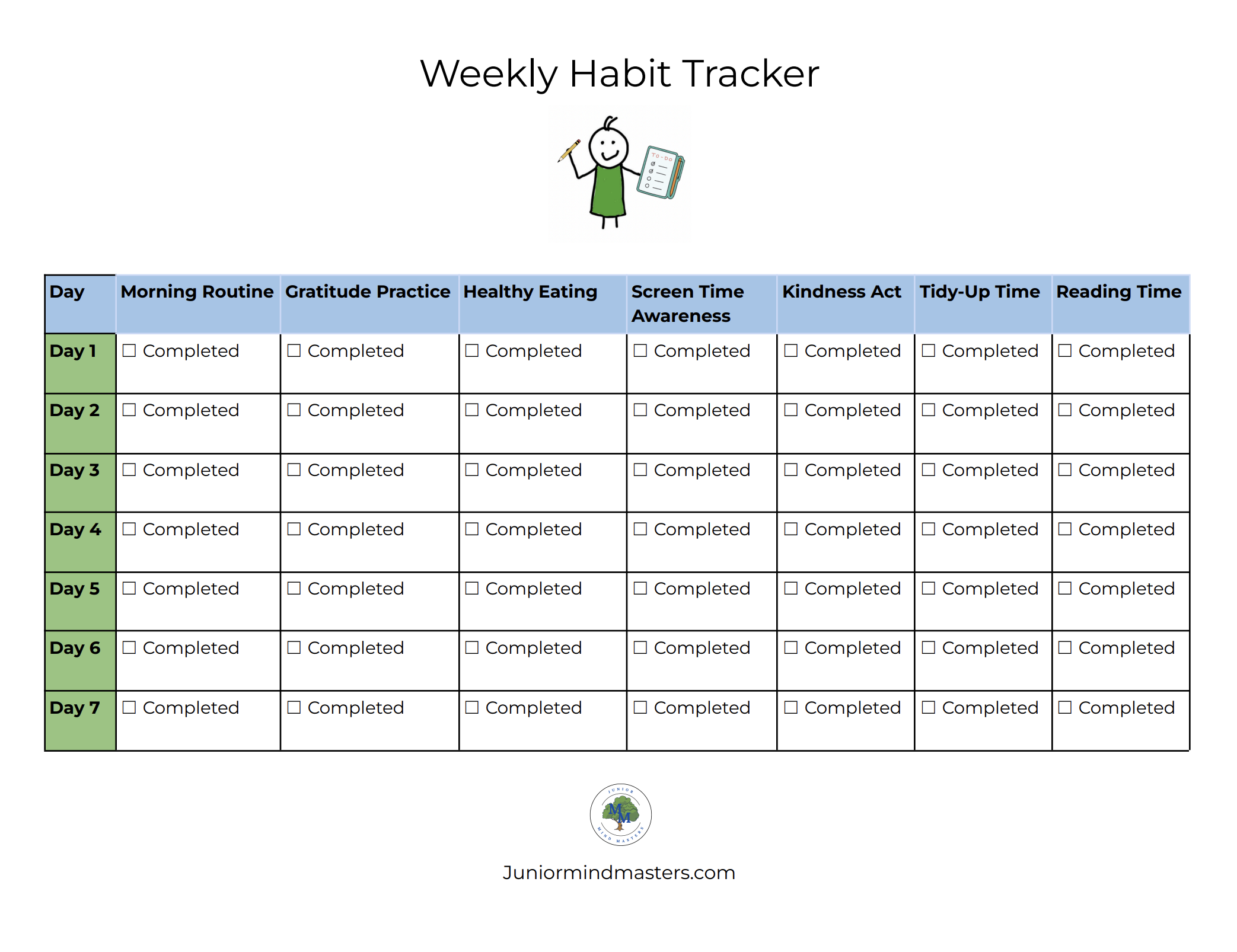 Weekly Habit Tracker table with columns for Day, Morning Routine, Gratitude Practice, Healthy Eating, Screen Time Awareness, Kindness Act, Tidy-Up Time, Reading Time, and checkboxes for completed on each day from Day 1 to Day 7. Contains colorful highlights for the days and a small cartoon character at the top center. The website link juniorinmasters.com is at the bottom.
