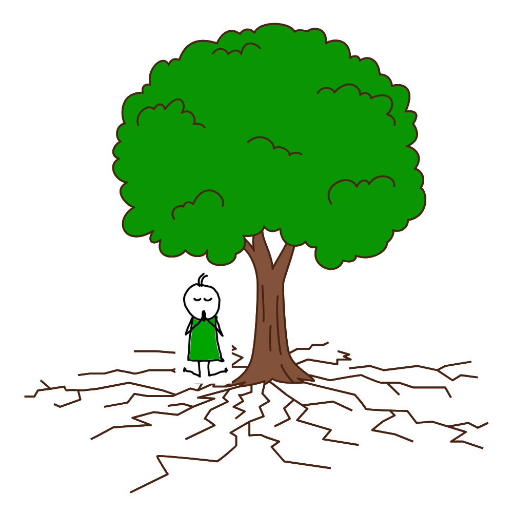 A cartoon tree with green leaves and brown trunk, with roots visible on the ground.