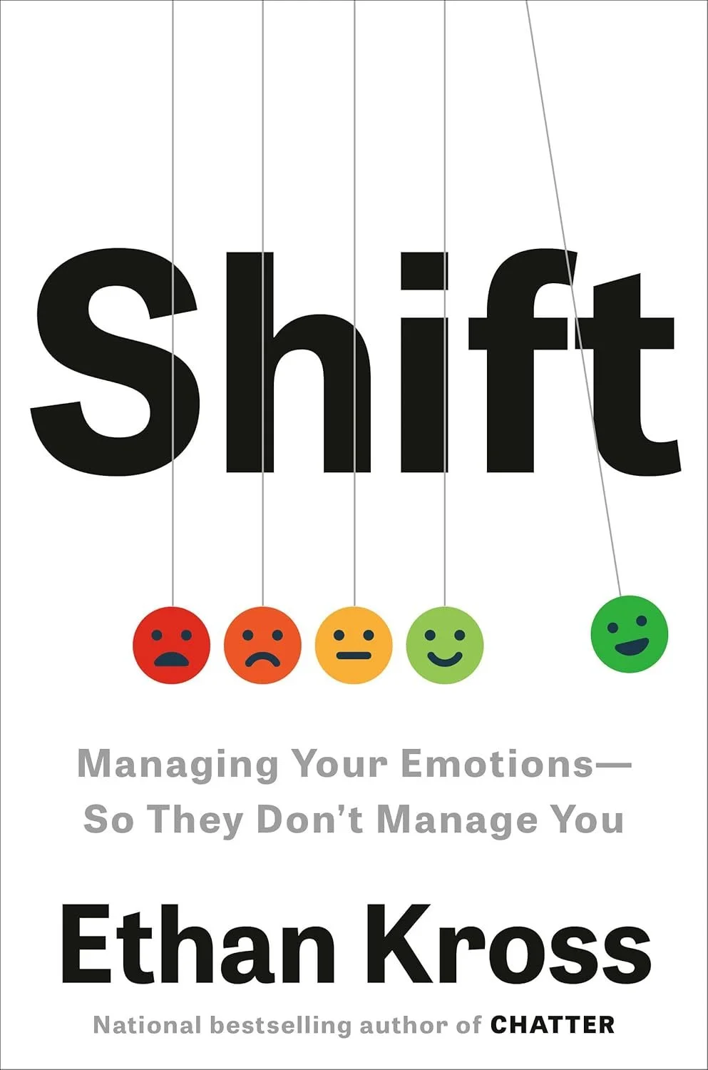 Book cover titled "Shift" by Ethan Kross, with a subtitle about managing emotions. Colorful smiling and frowning face icons.