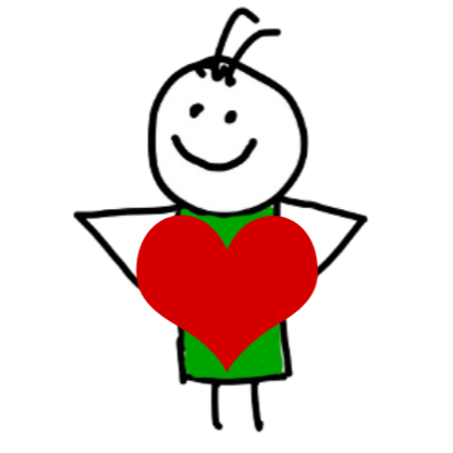 doodle character with a smiling face, holding a large red heart in front of their chest.