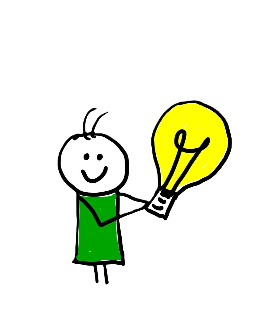 A simple drawing of a smiling doodle with a green dress holding a large yellow light bulb.