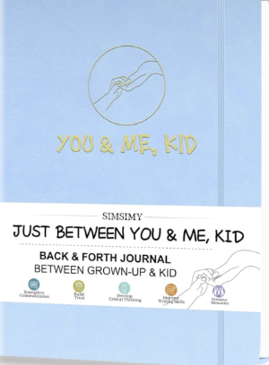Cover of a journal titled "Just Between You & Me, Kid" by SimSimy, with an illustration of two hands holding each other, and various icons representing communication, trust, critical thinking, wisdom, and self-awareness.