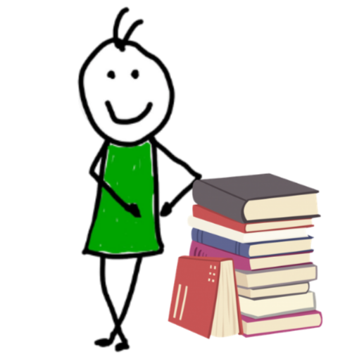 A simple drawing of a smiling person with black hair, wearing a green dress, standing next to a stack of books.